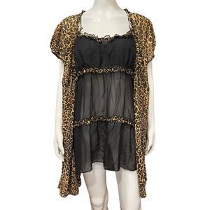 Belle Nuit Intimates Black Lace Animal Print Set Sheer Babydoll Gown Robe Sz 1X